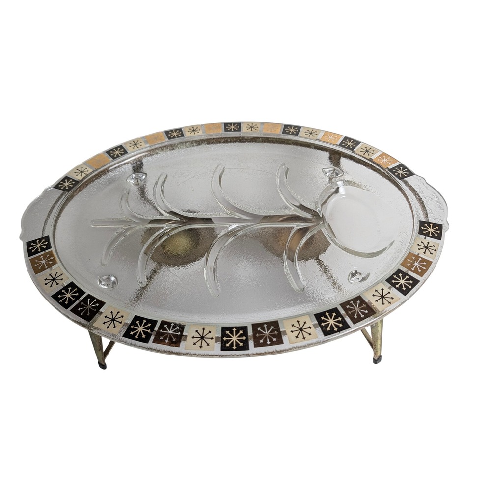 MCM Inland Glass Atomic Starburst Meat Platter Well & Tree 14.5" W/ Warmer Stand